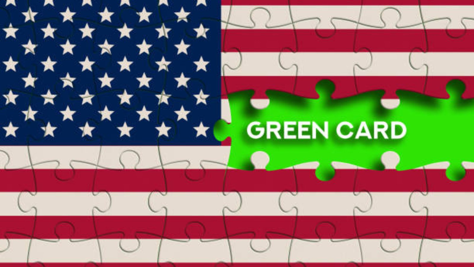 A puzzle imagery of the American flag missing a piece labeled "GREEN CARD," symbolizing immigration and citizenship. Green card fastest way, How to get a green card quickly, Quickest path to green card, Fastest green card options